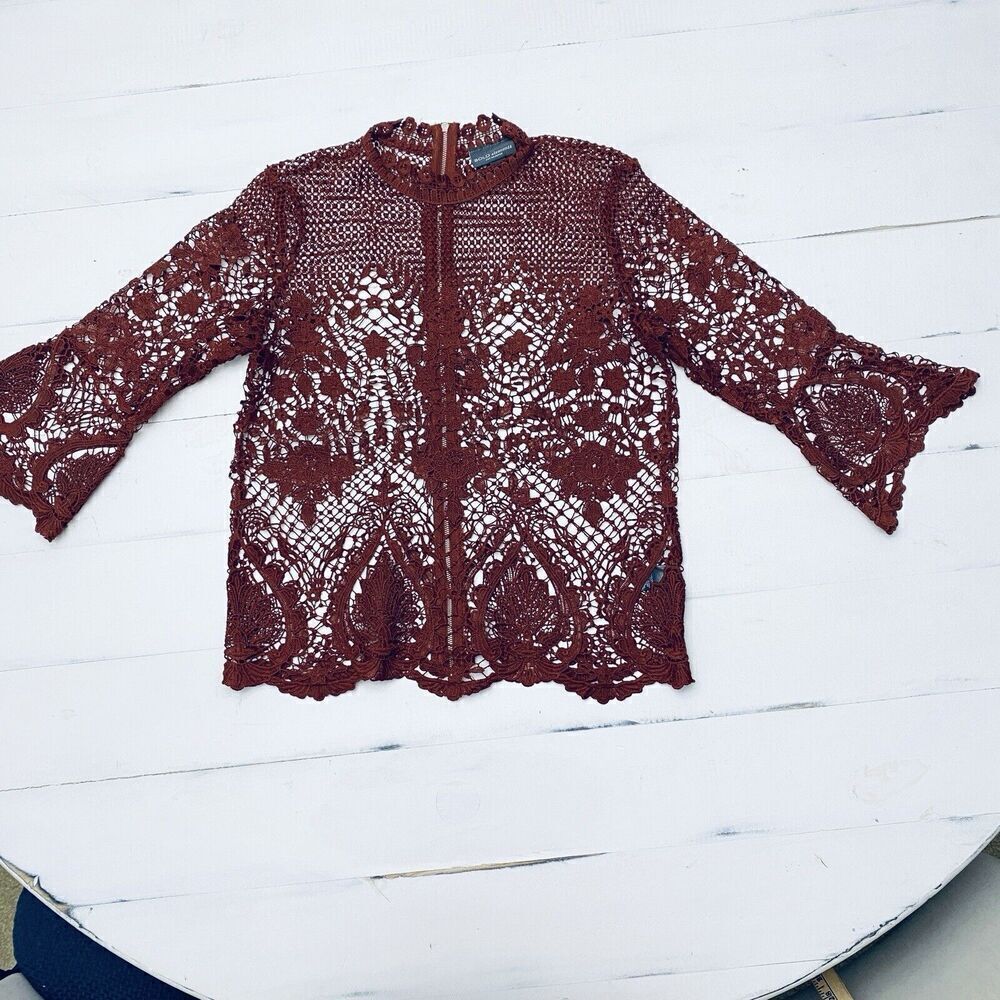 BOLD ELEMENTS LACEY Rust Orange Zipper Overlay Top SIze MEDIUM Bell Sleeve - Picture 2 of 15